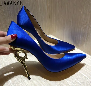 

Spring shallow dress pumps pointed toe solid silk satin goldfish metal high heels stilettos bridal wedding shoes women 2018 New