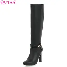 QUTAA/ женские ботинки зимние ботинки из искусственной кожи на высоком квадратном каблуке на молнии Женская обувь женские ботинки с острым носком Большие размеры 34-43