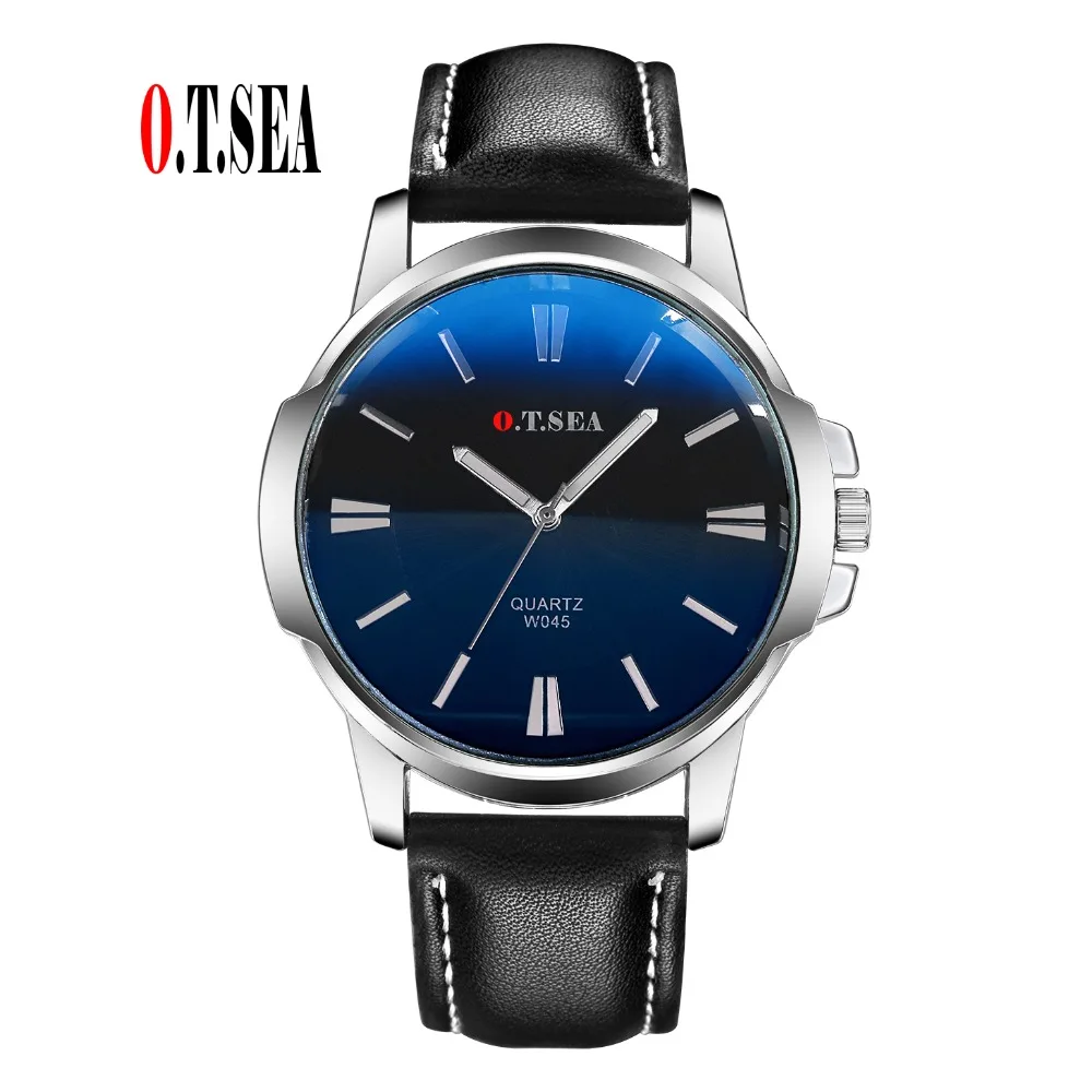 Fashion O.T.SEA Brand Faux Leather Blue Ray Glass Watch Men Military Sports Quartz Wrist Watches Relogio Masculino W045 blue ray glass quartz men watches top geridun brand men military wrist watches full steel men sports watch relogio masculino