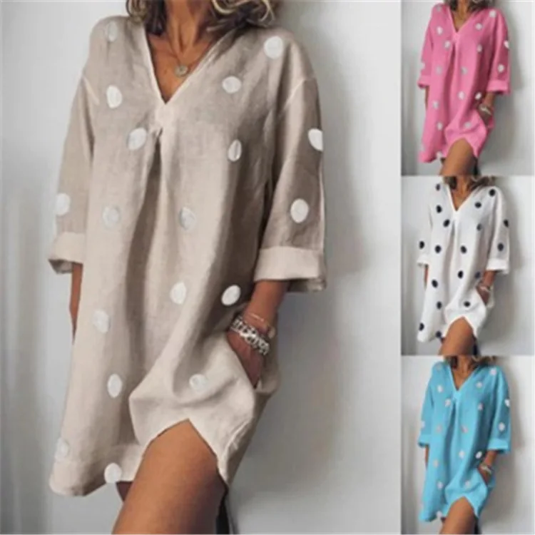 

5XL Polka Dot Print Cotton Linen Dress for women 2019 Summer V-neck Three Quarter Sleeve Mini Dress Casual Pocket Party vestidos