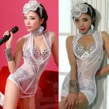 Dj певица костюм перспективность сверкающий алмаз цельные костюмы рейв наряд Стразы комбинезон представление костюм