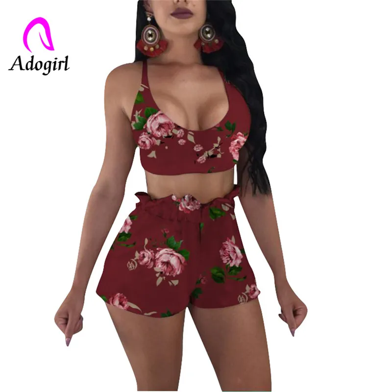 

Adogirl rose flower printing two pieces suits drawstring crop tops+elastic short pants sexy open bra summer beach sets