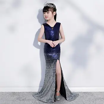 

Luxury Princess Mermaid Dress Gradient Sequined Kids Pageant Party Gown Strapless Splite Dress For Girls Kids Vestidos Y1510