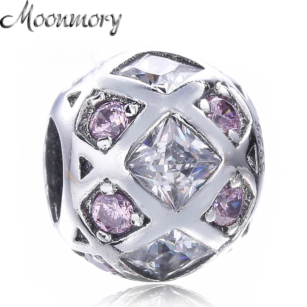 

Moonmory Round Shape S925 Sterling Silver charm With Clear and Pink Zircon Accessary Fit Pandora Bracelet DIY Round Silver Beads