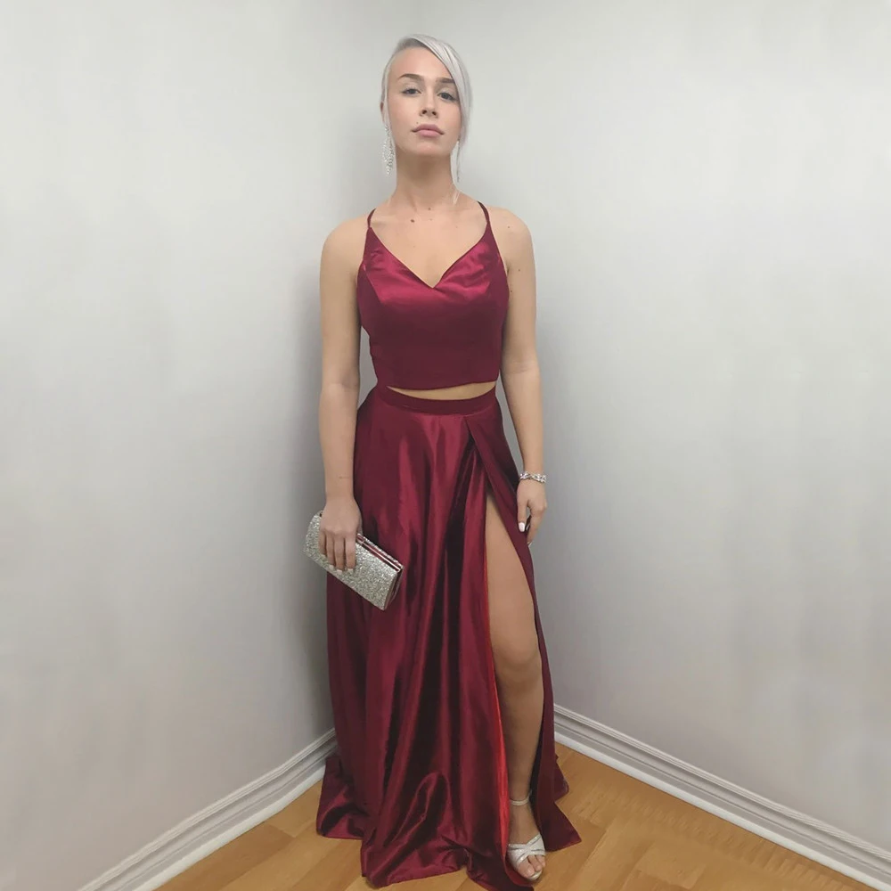 

New Burgundy Satin 2 Piece Prom Party Gowns 2019 High Split A Line Spaghetti Strap Long Bridesmaid Dresses Cheap Women Dress