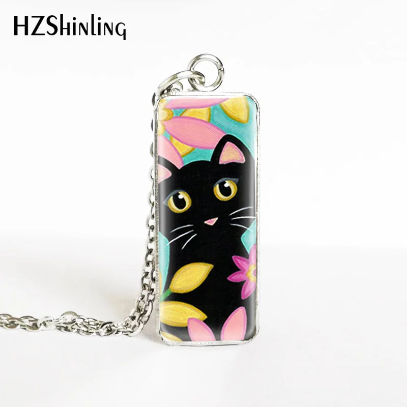 

New Arrival Vintage Painting Flowers Cats Rectangle Stainless Steel Pendants Lovely Cats Painting Jewelry Necklaces Gifts