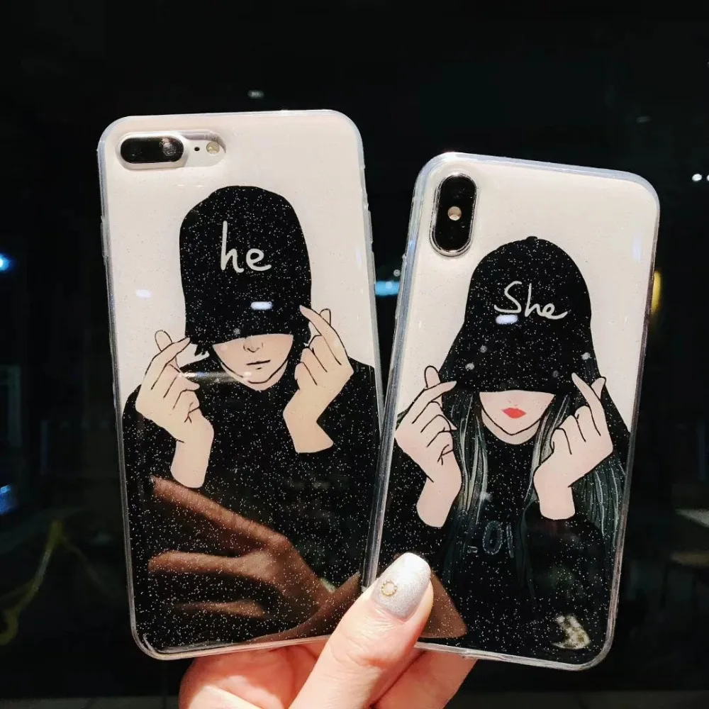 

European style Fashion Glitter Hip-hop Cool she&he Couple Phone Cases For iphone 6 6S 8/7 Plus X Fitted Cases Soft tpu Cover