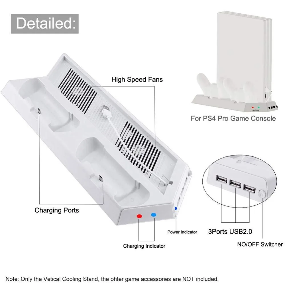 White Cooler FanVertical Cooling Stand Dual Controllers Charging Dock USB Hub for Playstation 4 Pro