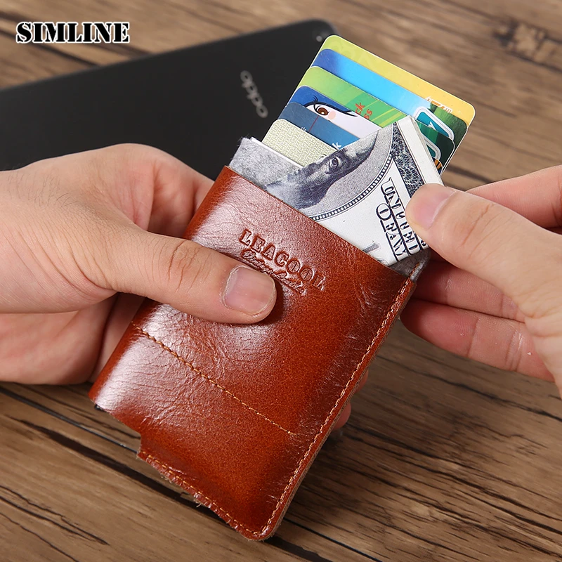 

SIMLINE Rfid Blocking Aluminum Credit Card Holder Men Women Single Box Genuine Leather Vintage Mini Slim Safe Purse Wallet Case