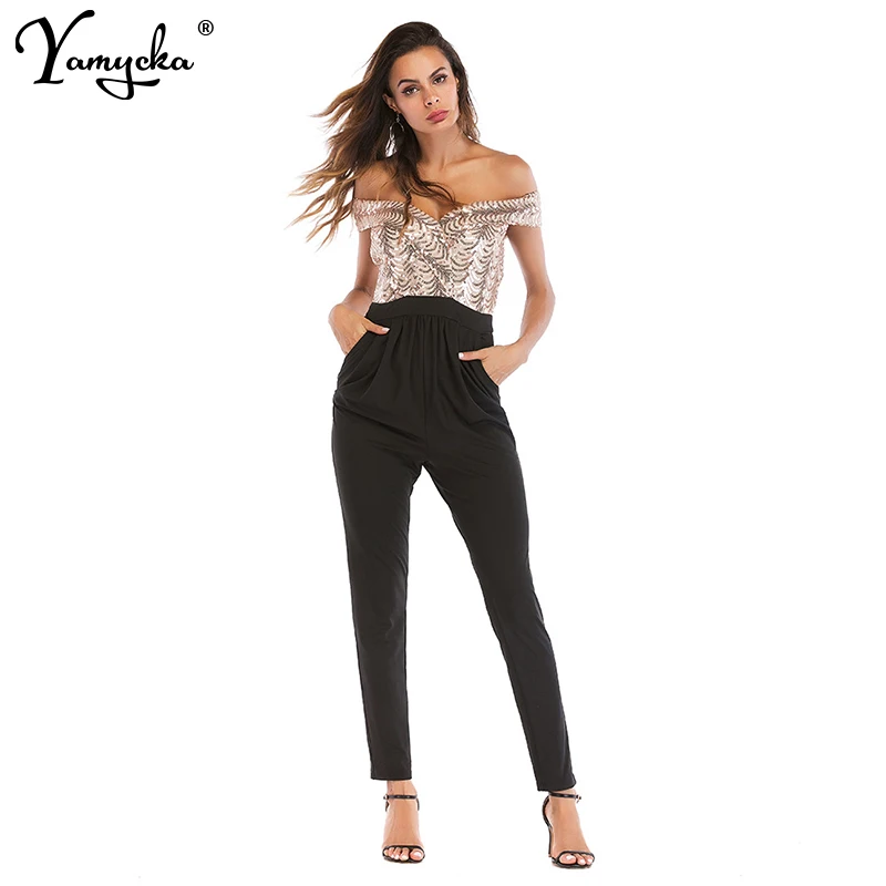 

2019 New Arrivals Summer Gold Black Sexy Sequin Bodysuit Women Slash Neck Backless Feminino Sexy Overalls Party Jumpsuit
