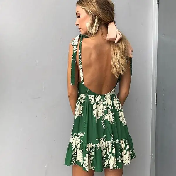 

BEACH DRESS BACKLESS CROSS OVER LEAF PRINT DRESS SHOULDER STRAP COOL HOT SALE SEXY PLEATED SKIRT