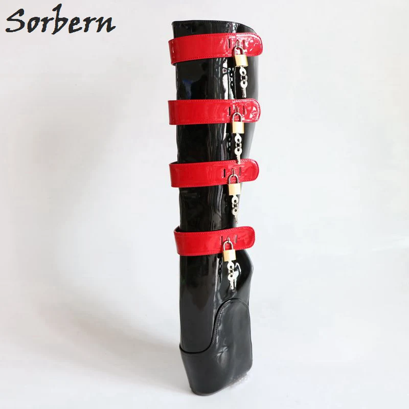 

Sorbern Lockable Zip Ballet Wedge Boots With Locks Fetish Hoof Heelless Sexy Black & Red No Heels Unisex Style Custom Slim Fit