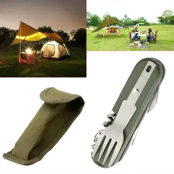 

Multifunction Outdoor Tableware Stainless Steel Folding Dinnerware Fork Spoon Knife Set Bottle Opener Hiking Camping Tool