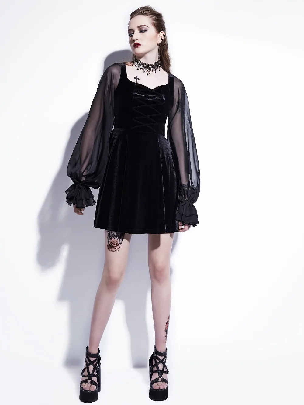 

Newest Black Gothic Bodycon Dress For Women Sexy Lantern Sleeve See Through Retro Slim Party Sexy Retro Dresses Bandages Dress