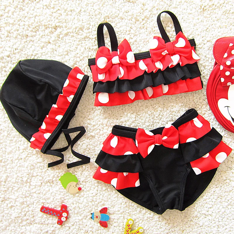 

2017 Cute Mouse Baby Girls Swimsuit Dot Bow Bra Top + Ruffles Brief Skirt + Cap Kids Bikinis Beach Bathing Suits Swimwear AQ7613