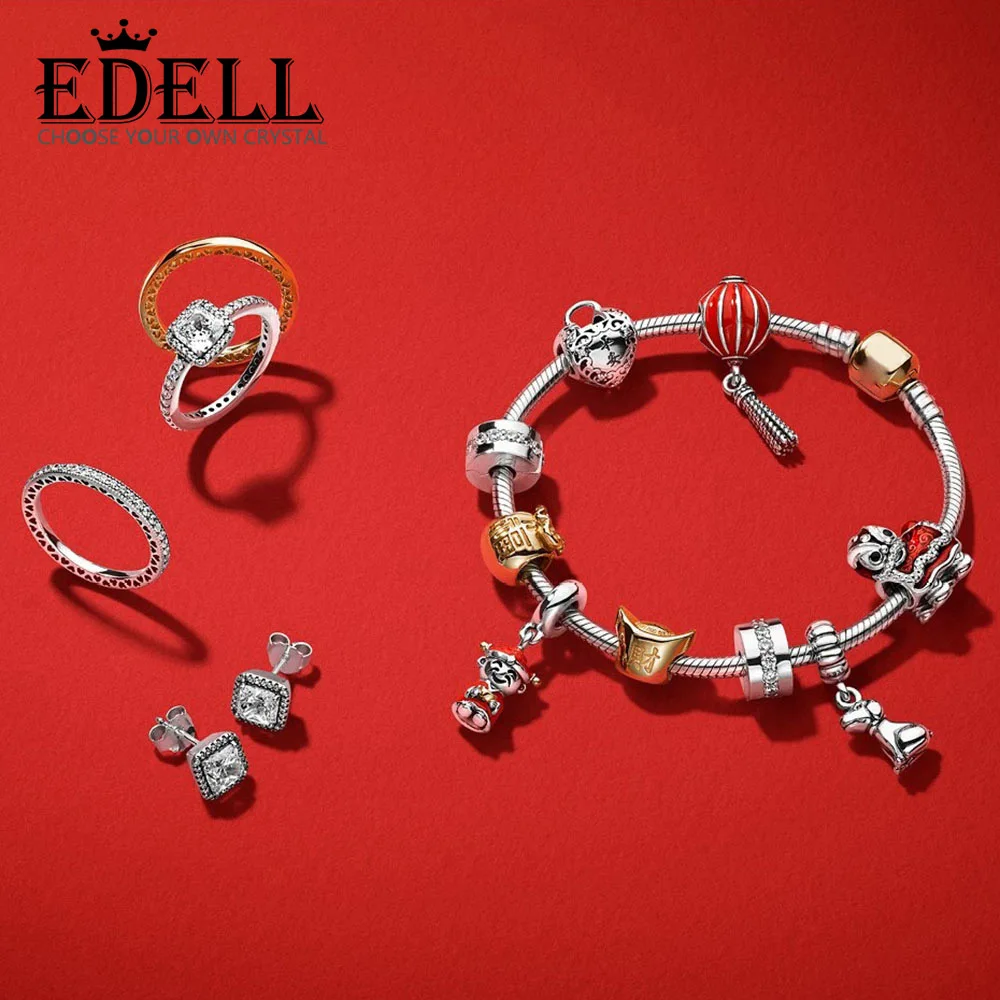 

EDELL 100% 925 Sterling Silver Lion Dance LANTERN Money Bag Longevity Padlock Fortune Pendant Bead Bracelet Ring Earring Set