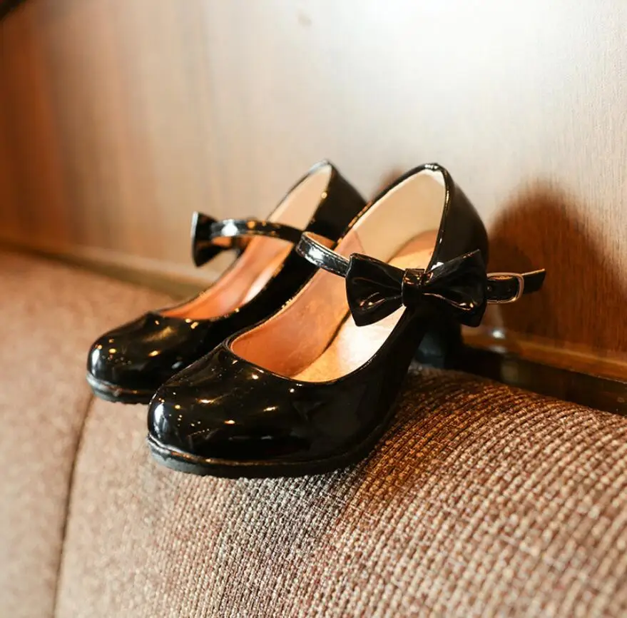 Детская обувь принцессы горячая Распродажа вечерние туфли с бантом для девочек блестящие однотонные модные туфли на высоком каблуке для детей, размер 26-35