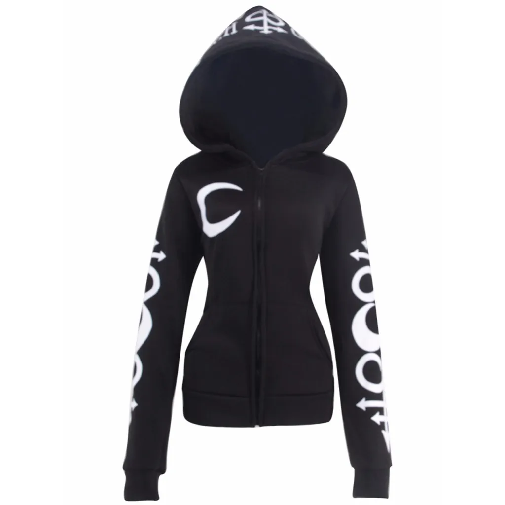 

MUQGEW skull print jacket top cool streetwear Women Loose Gothic Punk Long Sleeve Hooded Print Black Cardigan Jacket Coat#g4