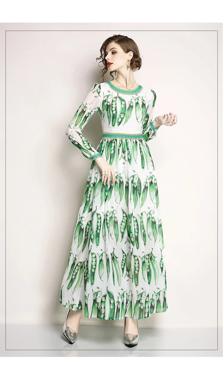 Дизайнерское Макси платье для подиума, Boho,, женское винтажное платье с длинными рукавами, гороховый стручок, с принтом, зеленое шифоновое длинное платье, большие вечерние платья
