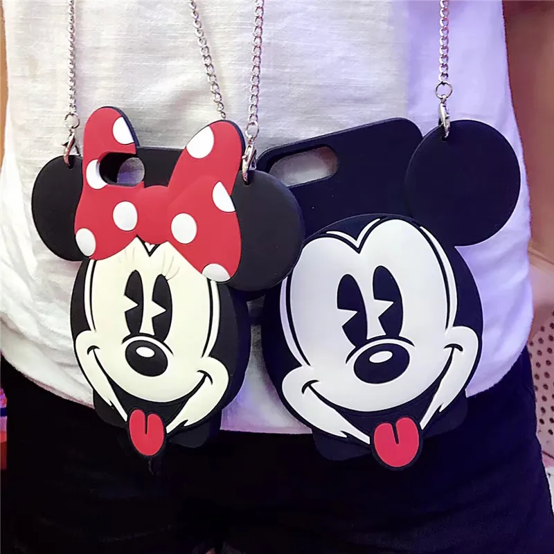

Cute Cartoon 3D Big Happy Mickey Minnie Phone Case for iPhone 6 6s 7 8 Plus X XR XS Max Soft Silicone Cover Long Chain Funda