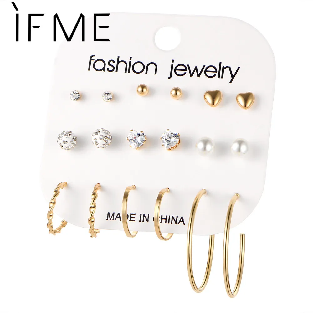 

IF ME 9Pairs/card Vintage Gold Color Stud Earring Set Heart Stud Set For Women Mix Crystal Ball Circle Earrings Jewelry Female