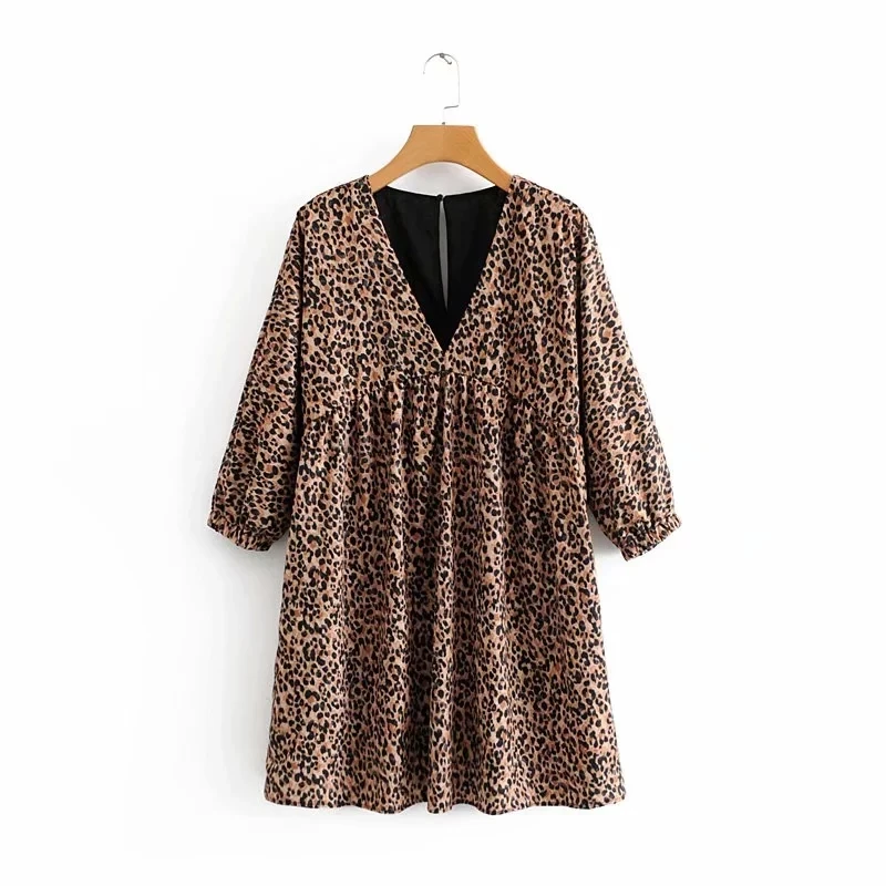 

vintage leopard print V neck women dress casual three quarter sleeve mini dresses stylish loose streetwear femme vestidos LD1315