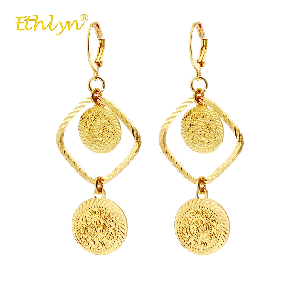 

Ethlyn 2018 Middle East Women Big Dangle Earrings Gold Color Coin Earrings Rhombus Drop Earrings Luxury Female Wedding Jewelry