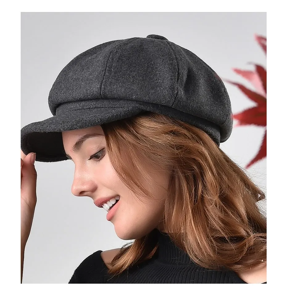 FURTALK шерсть Восьмиугольные шляпы женские зимние газетные кепки для девочек черный серый берет шляпа для женщин