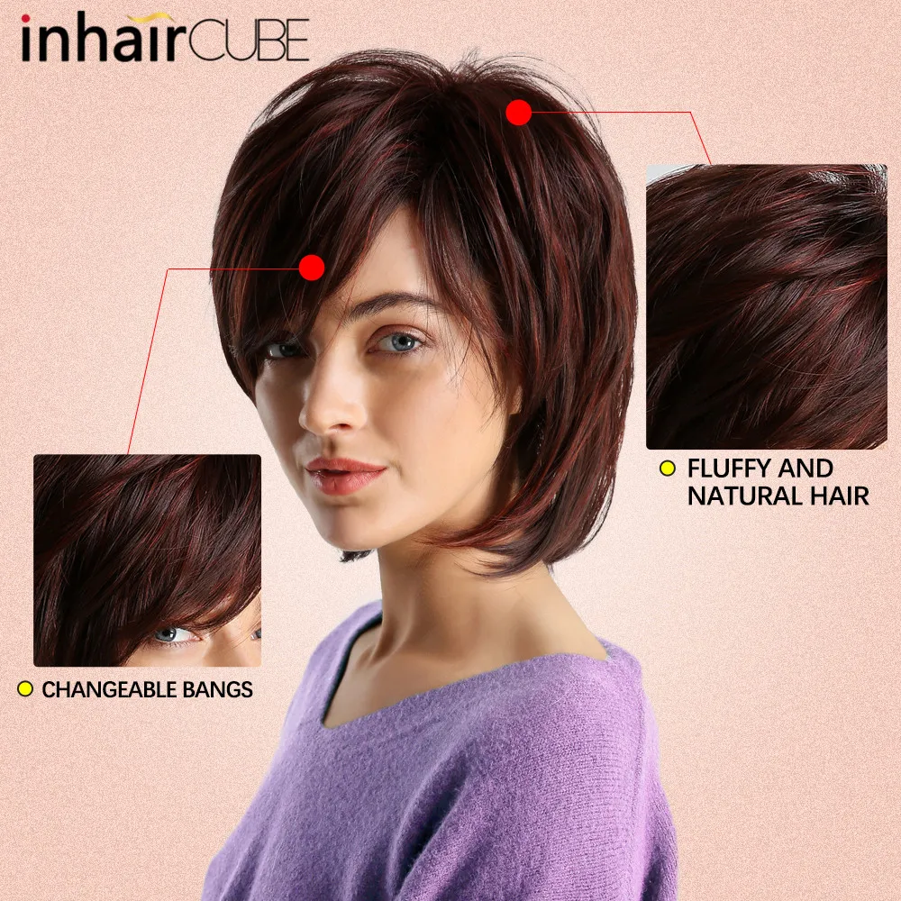Inhaircube sintético inclinado flequillo Peluca de mujer rojo vino con relieve de pelo corto recto Bob pelucas Cosplay Auburn peinado Inhaircube sintético inclinado flequillo Peluca de mujer rojo vino con relieve de pelo corto recto Bob pelucas Cosplay Auburn peinado