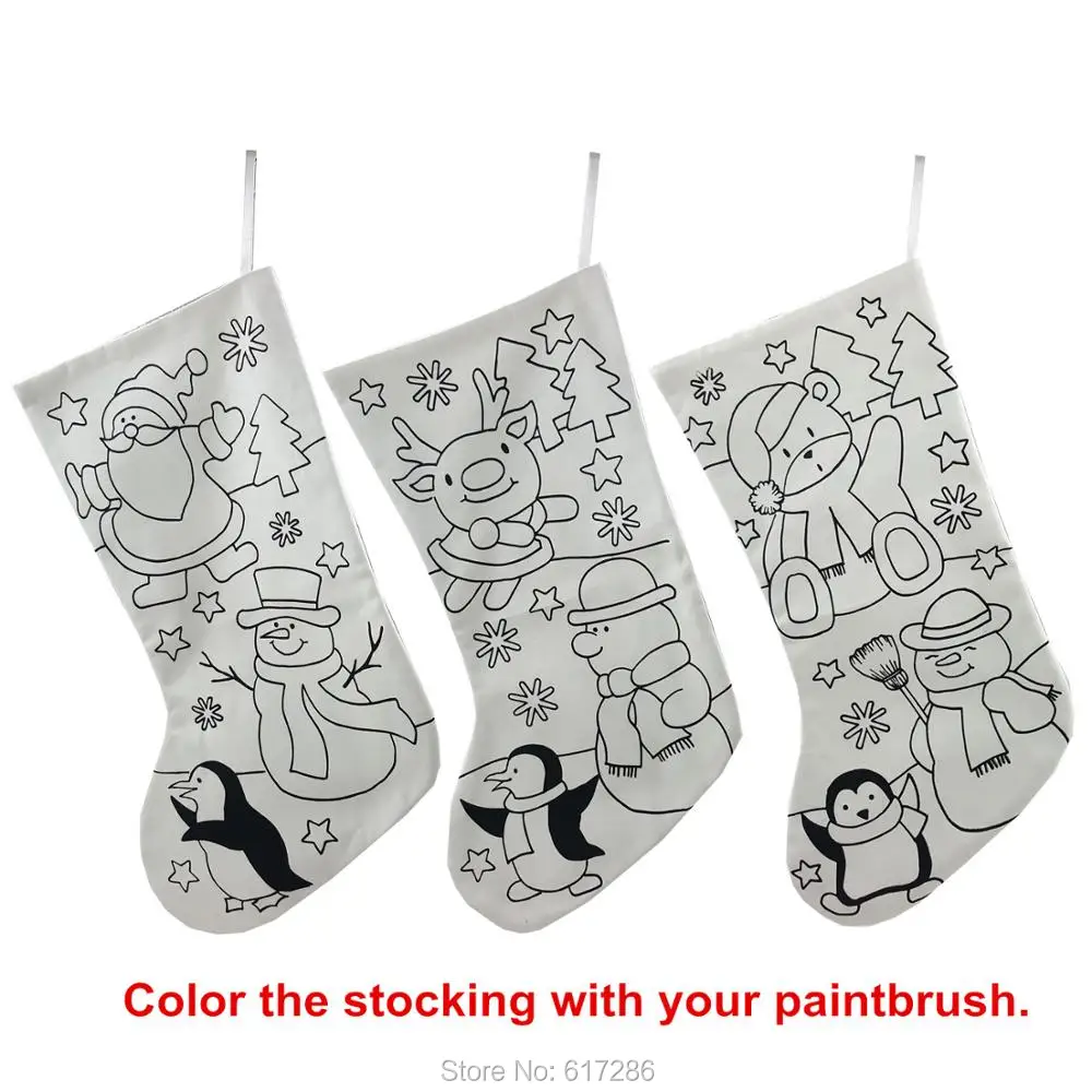

18" White Canvas DIY Christmas Stocking with Different Pattern on it Gift Bags Pack of 3pcs
