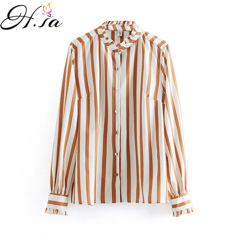 H.SA Women Striped Blouses long Sleeves Stand Collar Vertical loose Shirts Loose Pleated Blusa Femninia Orange Shirt | Женская одежда