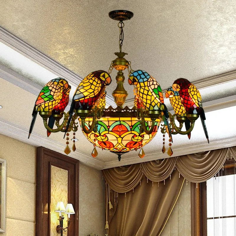 

American garden colored glass living room restaurant bar club Parrot Bird multi head lighting 110-240V Pendant Lights e27 E26