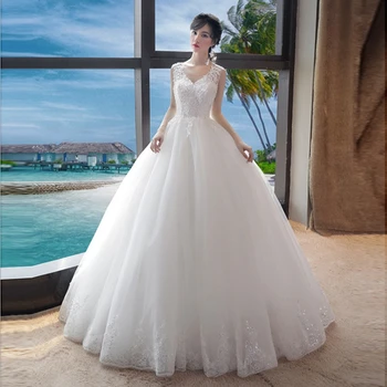 

V Neck ladies ball gown free shipping bridal dress white Wedding Dress with Applique