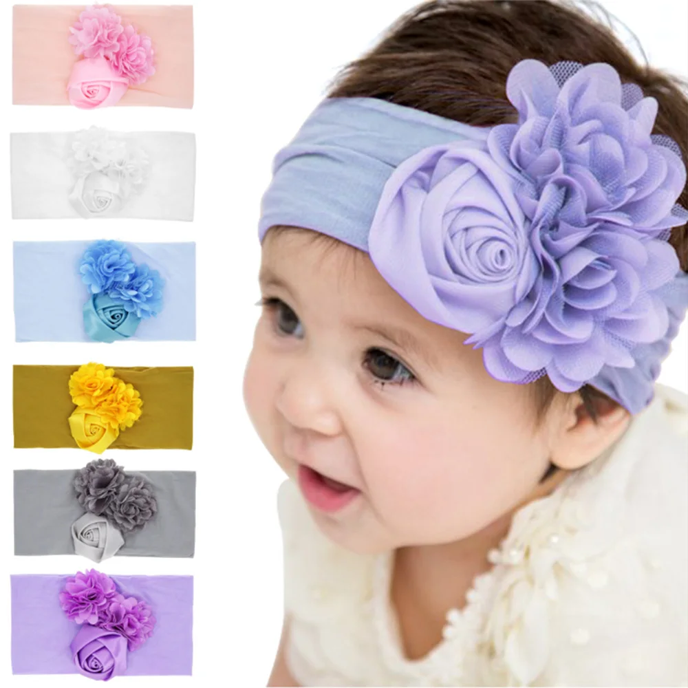 Детская повязка на голову с кружевами и 3 цветками для девочек; нейлоновые повязки для волос ручной работы; головной убор для новорожденных с бантом; Детские аксессуары для волос
