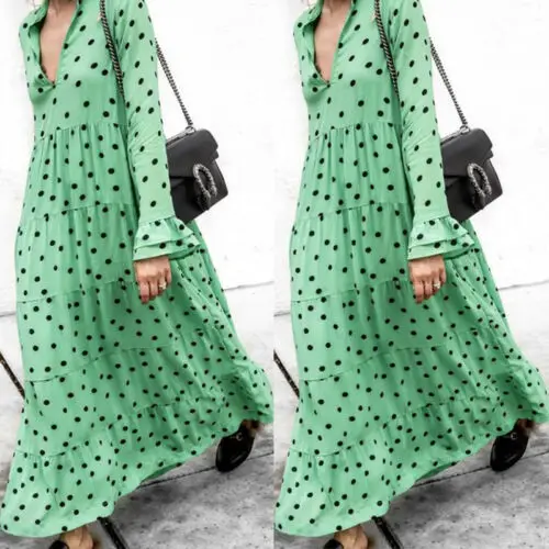 Fashion Women VNeck Long Sleeve Polka Dot Party Cocktail Summer Swing Long Dress Fashion Women VNeck Long Sleeve Polka Dot Party Cocktail Summer Swing Long Dress