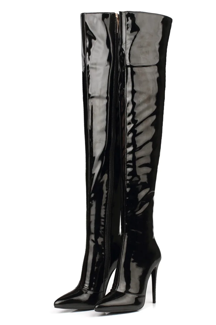 

Glaze Shiny Over Knee Luxury Brand Women Boots Shopping Patent Leather Slouch Sequins Plain Cone Heels Pointed Toe Runway Shoes