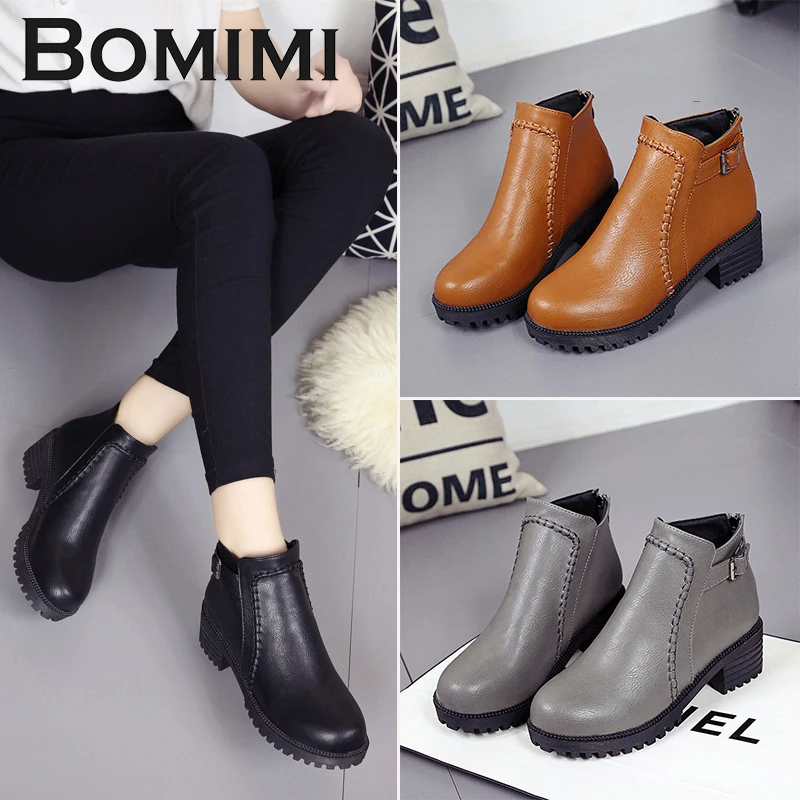 

BOMIMI European Style Ankle Boots Flats Round Toe Back Zip Martin Boots PU Genuine leather Woman Shoes
