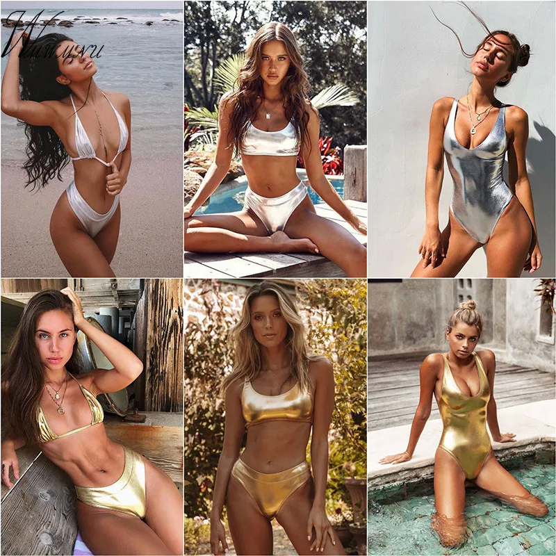 

2019 New High Waist Bikini set Gold Silver Bandeau Swimsuit SexyThong Bikini Women Swimwear Two-pieces Bather Bathing Suit