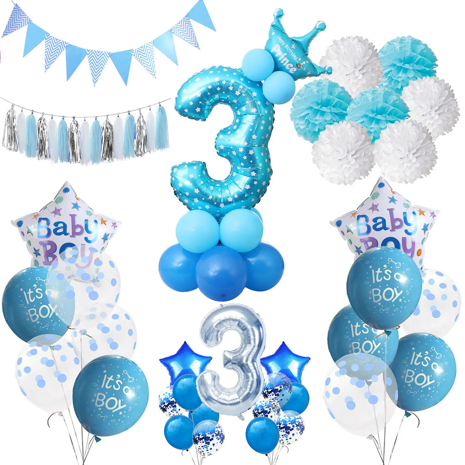 ZLJQ 3 года День рождения воздушные шары вечерние украшения 3rd Baby Shower мальчик бумага цветок кисточкой баннер товары для третьего дня рождения