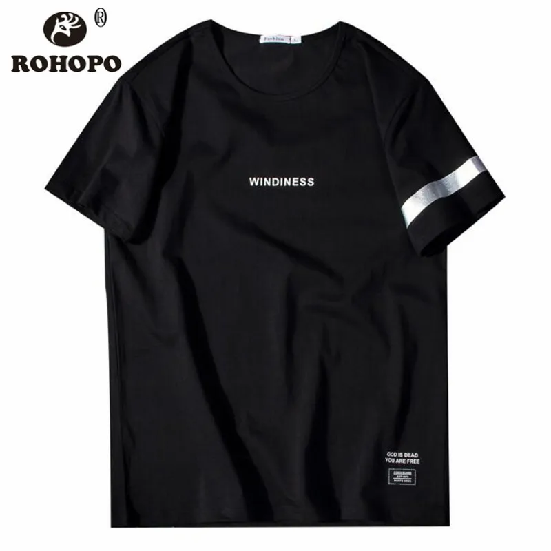 

ROHOPO Short Sleeve Chic T shirt Man Reflective Sleeve Streetwear Letter Print Summer Original Design Hip Hop Boy Tops Tees
