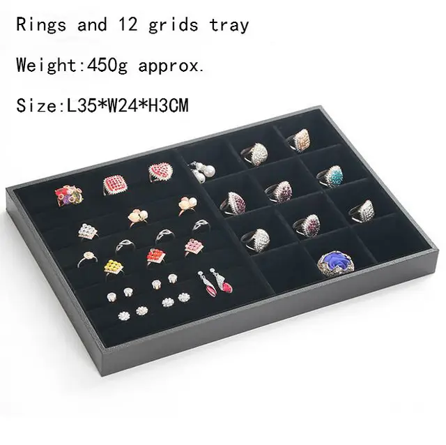 Hot Selling PU Frame Velvet Jewelry Organizer Jewellery Display Ring Box Necklace Earring Holder Various Models for Option ring 12grids tray
