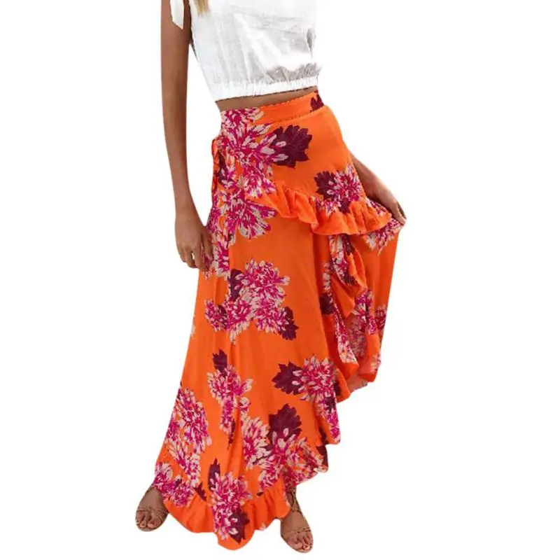 High Waist Boho Print Long Skirts Women Split Ruffle Maxi Skirt Floral ...