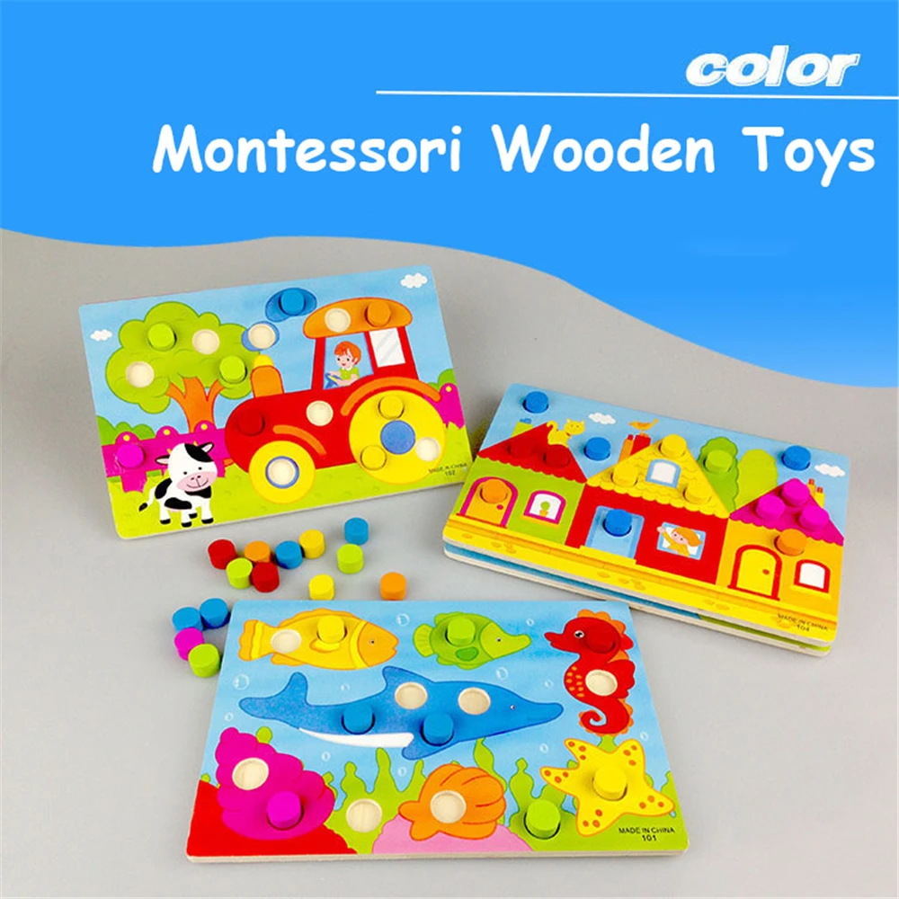 Toys Montessori Wooden Puzzles Jigsaw Tangram Match Game Color Cognition Board