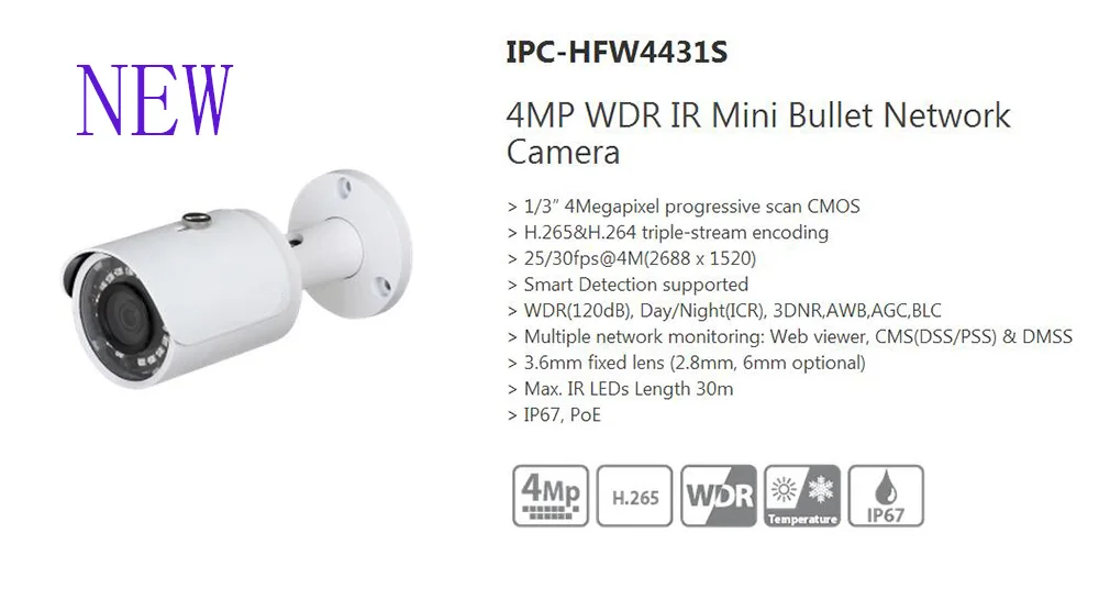 Free Shipping DAHUA Security IP Camera 4MP WDR IR Mini Bullet Network Camera IP67 PoE Without Logo IPC-HFW4431S