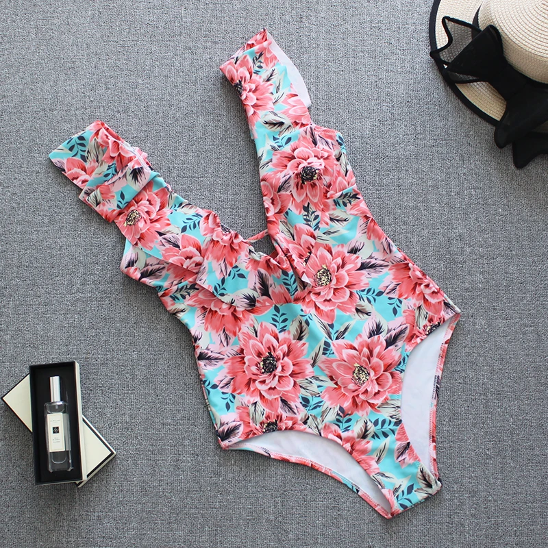 Whole Swimsuits Floral Bathing Suit One Piece Sexy Deep V Swimsuit Girls Ruffle Swimwear Woman Bodysuit  Monokini Push Up (10)
