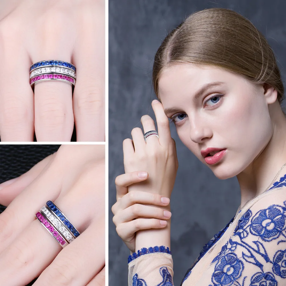 Jewelrypalace три стека 1.8ct круглый создан Рубин Сапфир Свадебный коктейль группа Вечность кольцо стерлингового серебра 925 Красивые ювелирные изделия