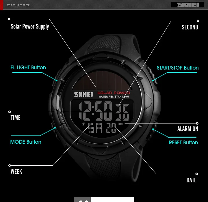 SKMEI, военные спортивные часы, мужские, солнечная энергия, уличные, ударные, цифровые часы Chrono, 50 м, водонепроницаемые наручные часы, reloj deportivo