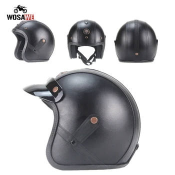 

Motorcycle Helmet PU Leather 3/4 Chopper Bike Open Face Vintage Motorcycle EPS Lining Breathable Motocross Helmet For Men Women