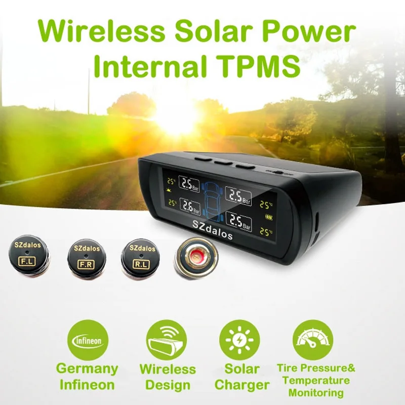 

SZDALOS Solar TPMS tyre pressure monitoring with 4 mini external sensor DIY easy to install Bar Psi pressure option for car