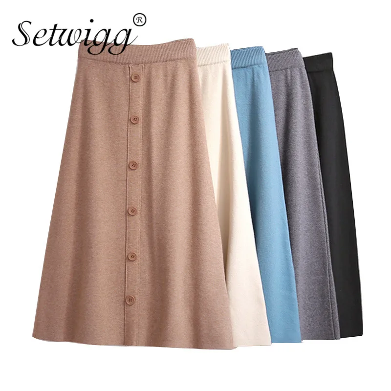 

Autumn Chic High Waist Thick Knitted Skirts Buttons Elegant A-line Knit Midi Winter Skirts Blue Camel Ivory